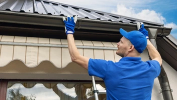 Man installing gutters on house