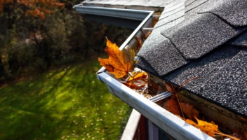 Autumn leaves in a rain gutter on a roof